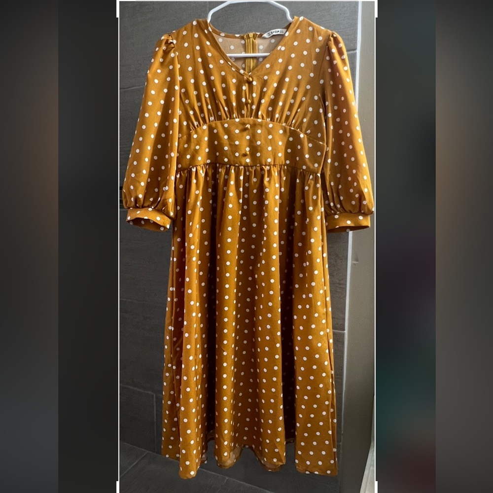 Shein long sleeve, mustard colored, size 11-12Y dress with white polka dots.